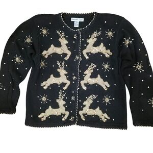 SAMANTHA TAYLOR M Black Gold‎ Sequin Reindeer Christmas Sweater Vtg Kitschy Glam